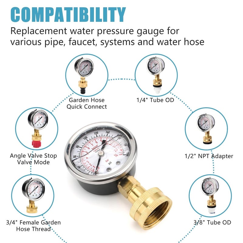 PROSOCOOL Universal Water Pressure Glycerin Filled Gauge Kit 0-200 Psi for All Purpose Water Pressure Measurement, 3/4" Female Garden Hose Thread Water Dial Gauge with Extra 5 Adapters for Multiple Use - Image 3
